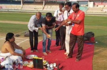 MSK Prasad seen performing puja on pitch before IND vs WI match